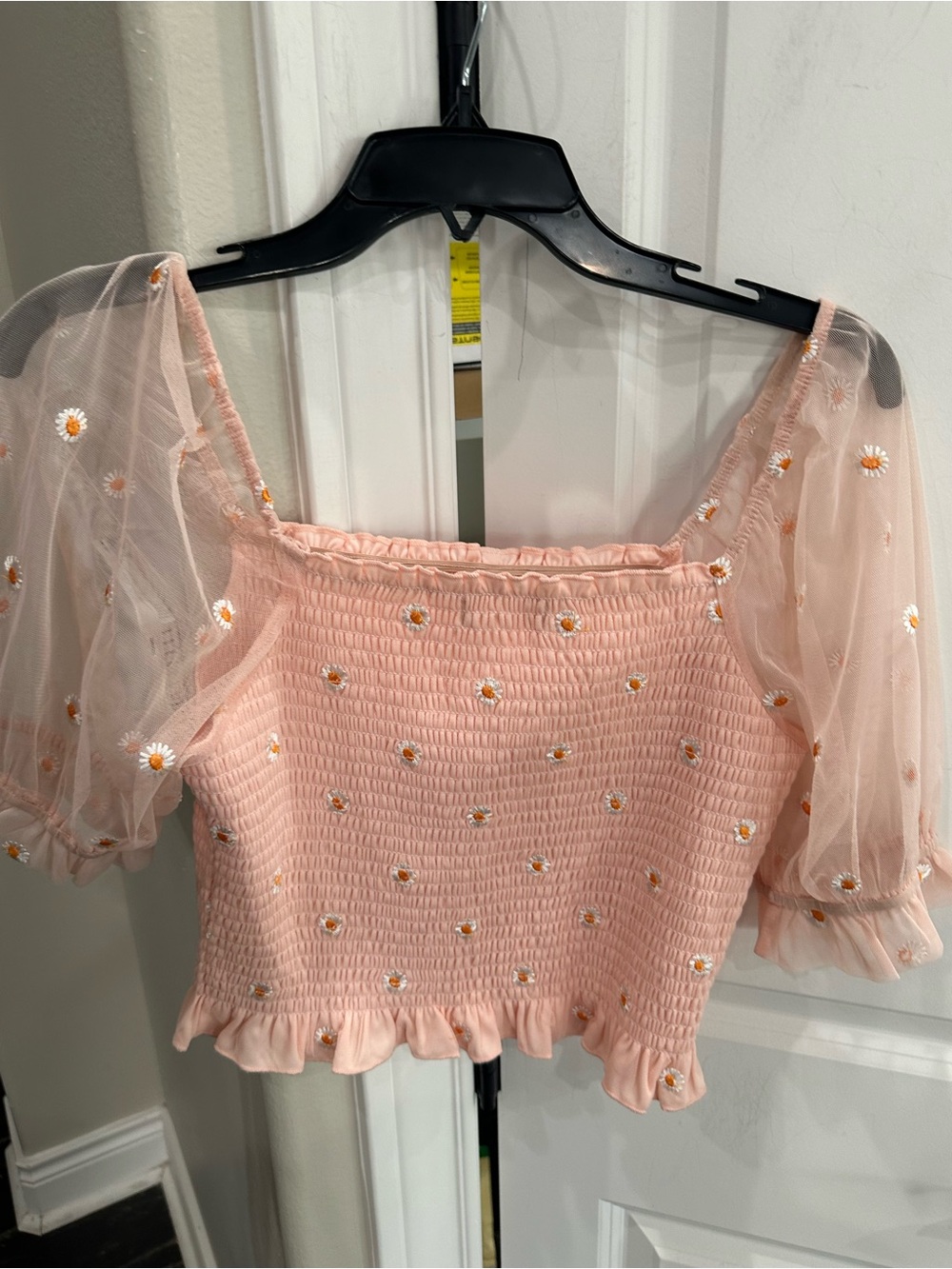 Altar'd State Blush Pink Daisy Embroidered Smocked Crop Top - Picture 3 of 3